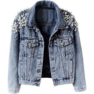 Women's Embroidered Rivet Pearl Short Denim Jacket Coat Blue
